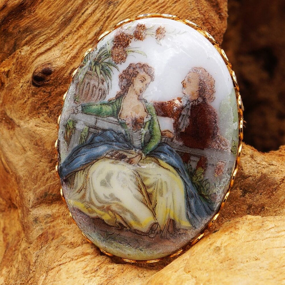 Vintage Victorian Style Romantic Oval Brooch - Man Courting Woman